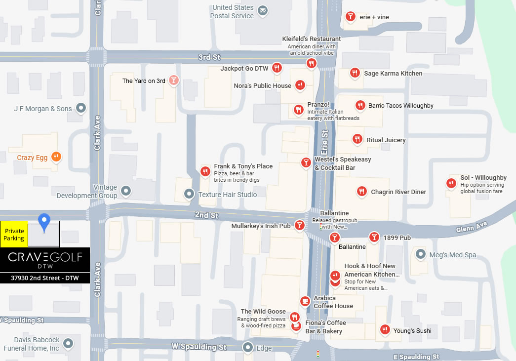 CRAVE Golf DTW Location Map - Downtown Willoughby Bars and Restaurants